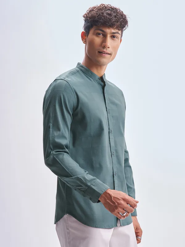 Highlander Men Teal Self Design Slim Fit Casual Shirt