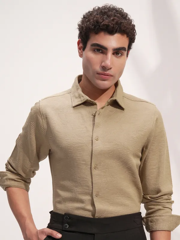 Highlander Men Beige Self Design Slim Fit Casual Shirt