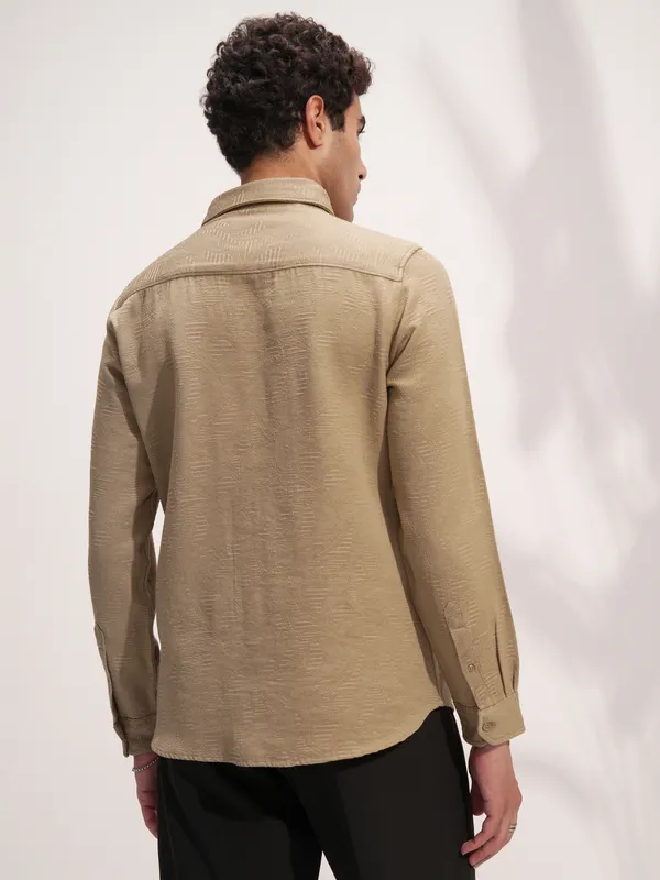 Highlander Men Beige Self Design Slim Fit Casual Shirt