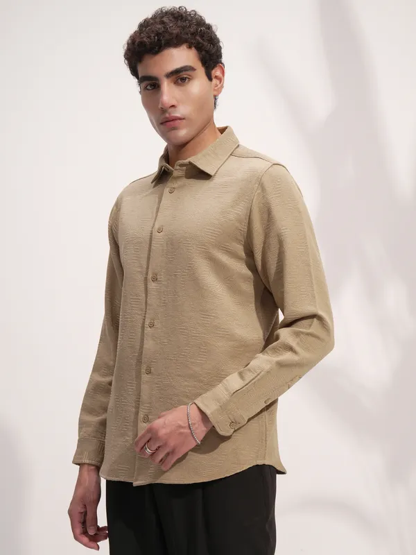 Highlander Men Beige Self Design Slim Fit Casual Shirt