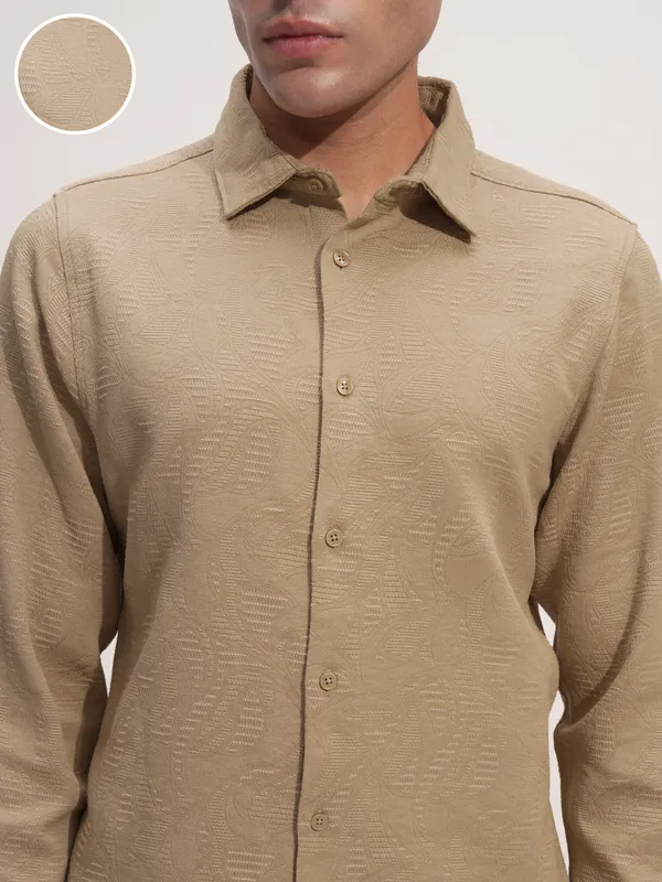 Highlander Men Beige Self Design Slim Fit Casual Shirt