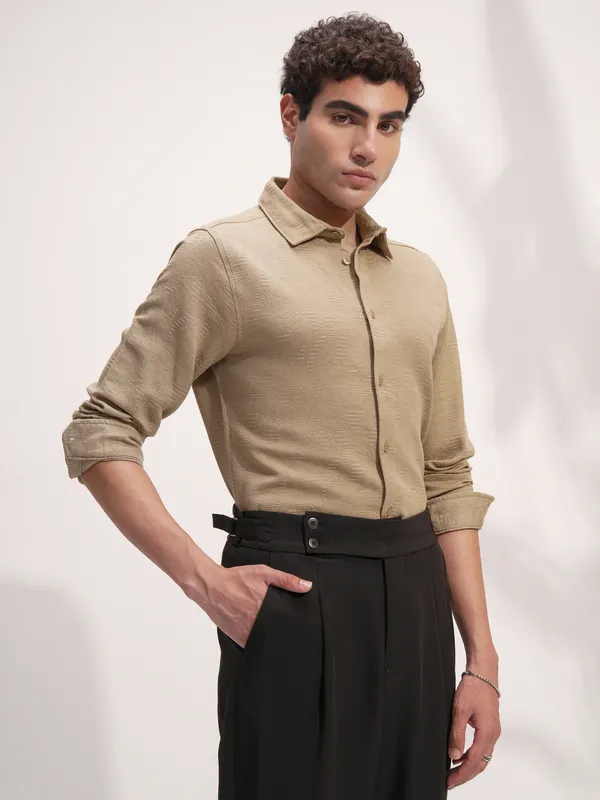 Highlander Men Beige Self Design Slim Fit Casual Shirt