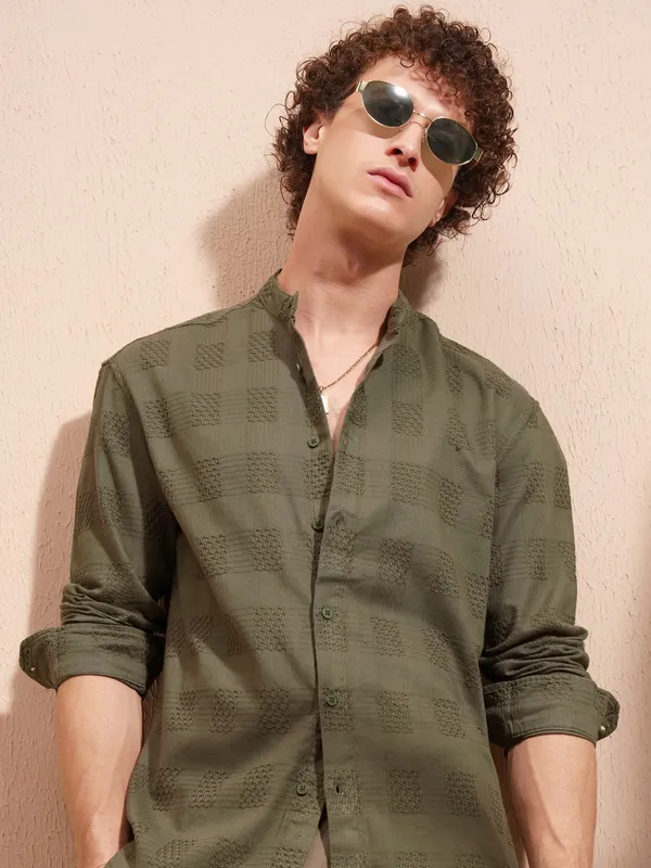 Highlander Men Olive Self Design Relaxed Fit Casual Shirt