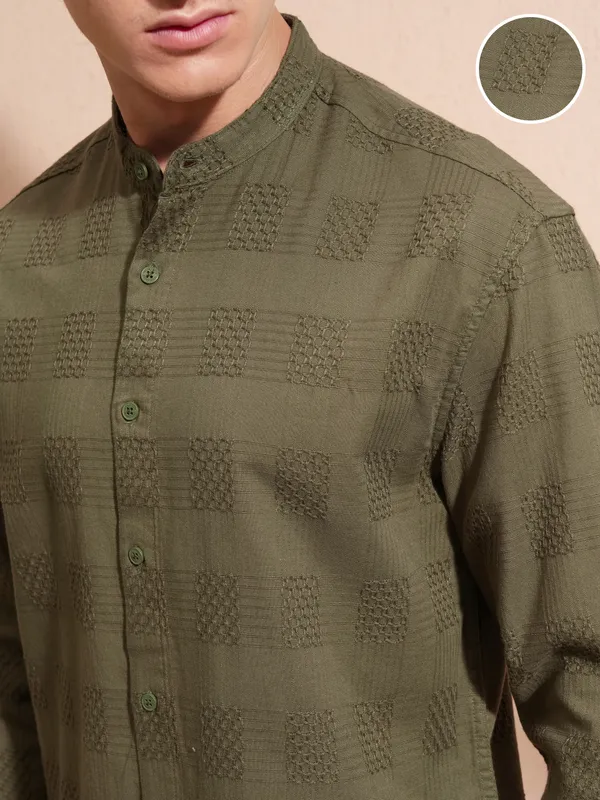 Highlander Men Olive Self Design Relaxed Fit Casual Shirt