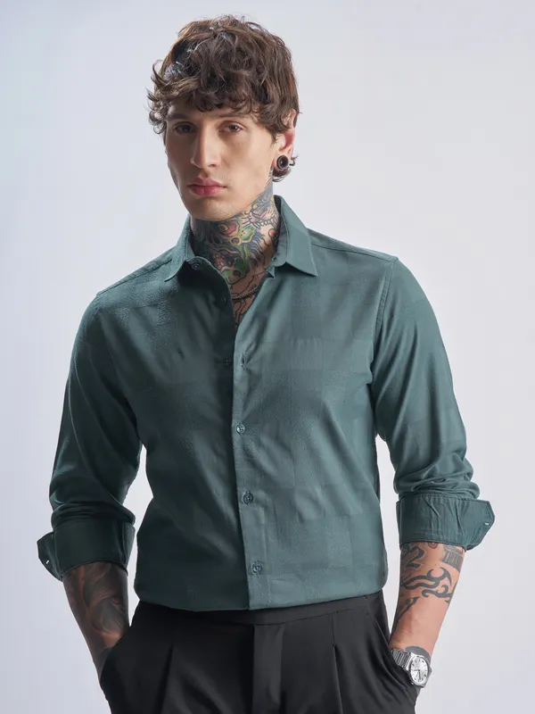 Highlander Men Green Self Design Slim Fit Casual Shirt