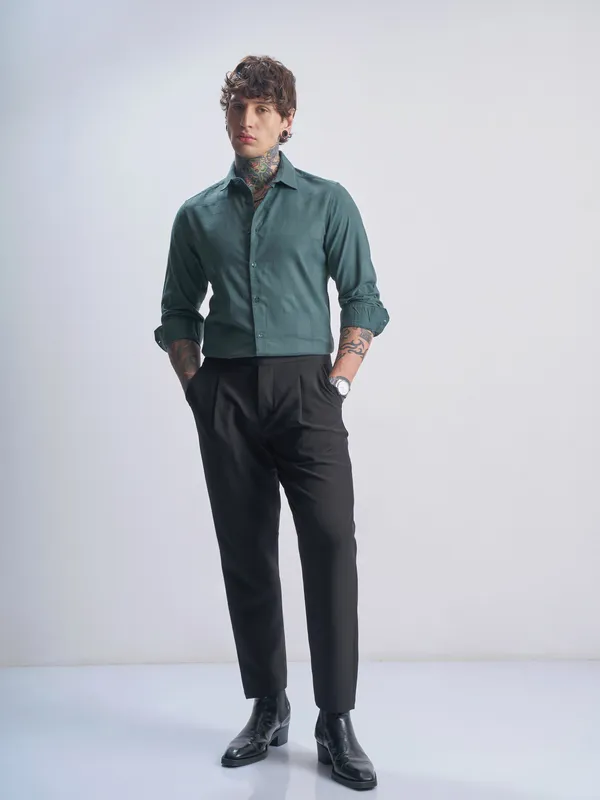 Highlander Men Green Self Design Slim Fit Casual Shirt