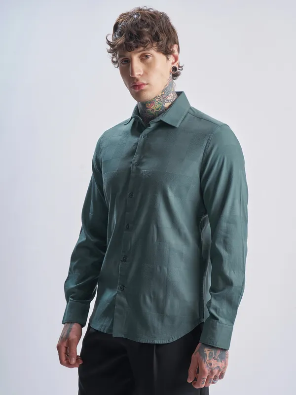 Highlander Men Green Self Design Slim Fit Casual Shirt