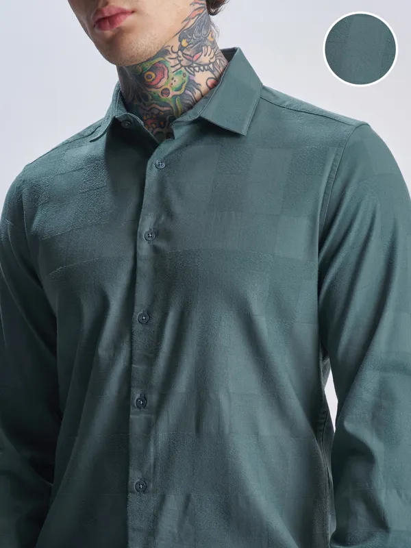 Highlander Men Green Self Design Slim Fit Casual Shirt