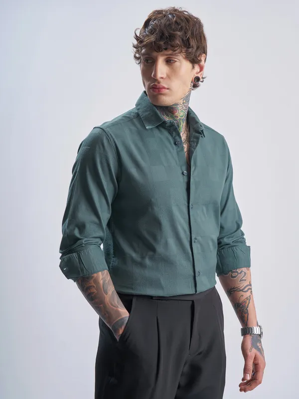 Highlander Men Green Self Design Slim Fit Casual Shirt