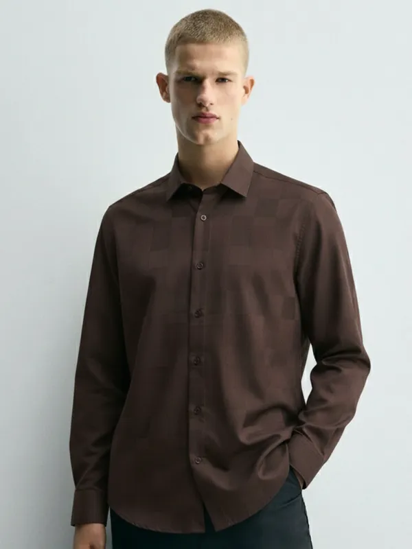 Highlander Men Brown Self Design Slim Fit Casual Shirt