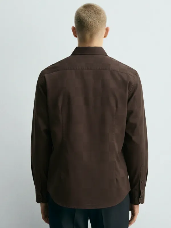 Highlander Men Brown Self Design Slim Fit Casual Shirt