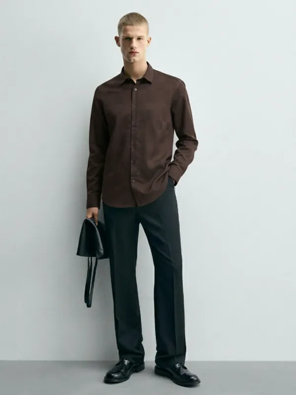 Highlander Men Brown Self Design Slim Fit Casual Shirt