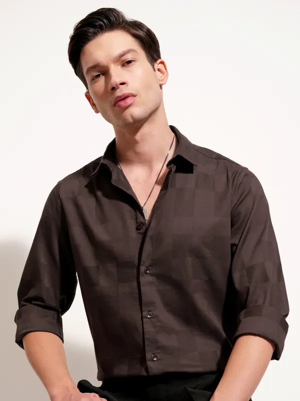 Highlander Men Brown Self Design Slim Fit Casual Shirt