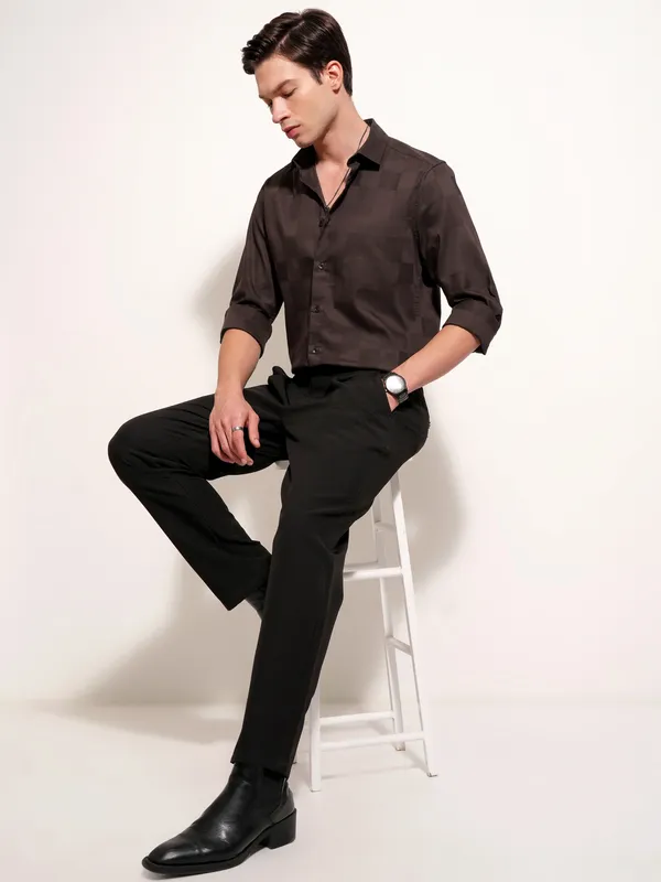Highlander Men Brown Self Design Slim Fit Casual Shirt