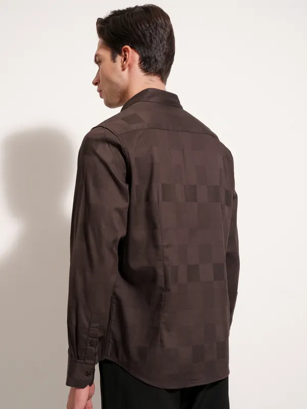 Highlander Men Brown Self Design Slim Fit Casual Shirt