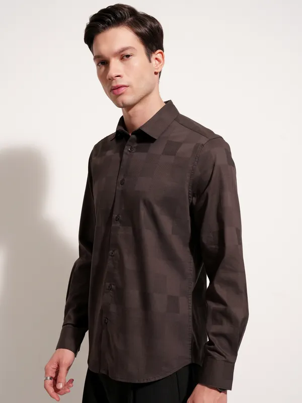 Highlander Men Brown Self Design Slim Fit Casual Shirt