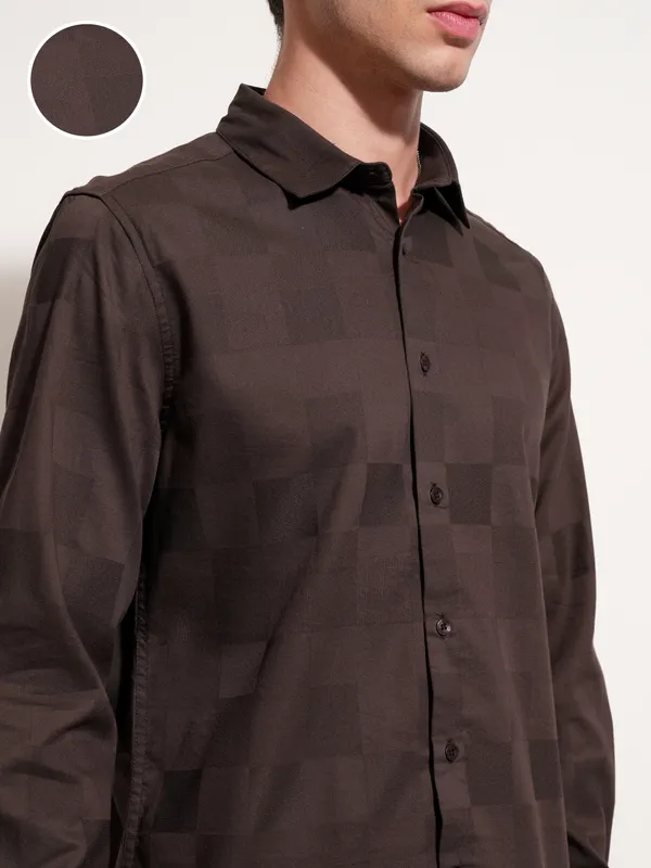 Highlander Men Brown Self Design Slim Fit Casual Shirt
