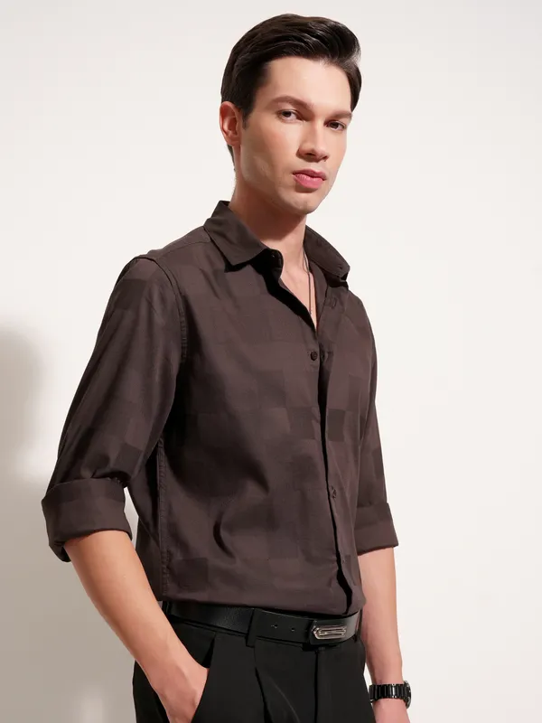 Highlander Men Brown Self Design Slim Fit Casual Shirt