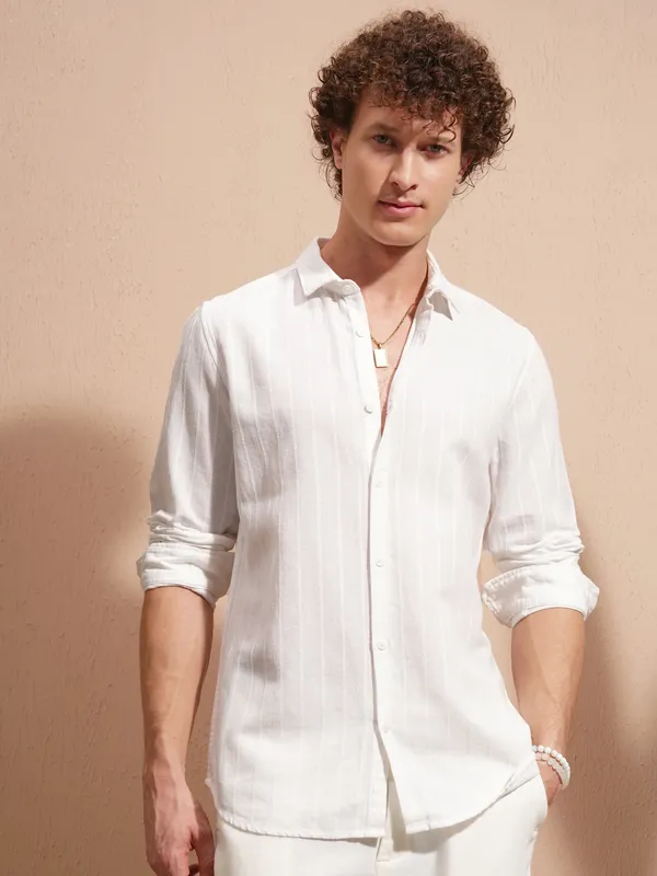 Highlander Men White Striped Slim Fit Casual Shirt