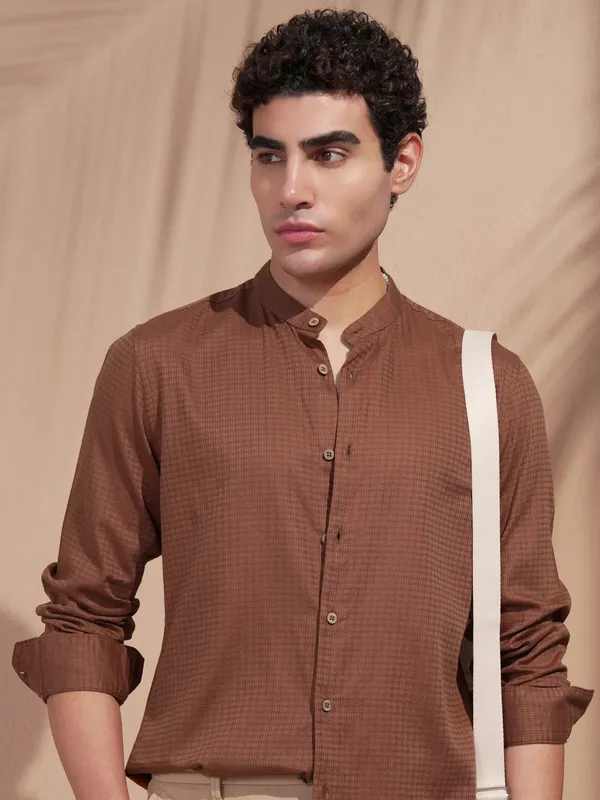 Highlander Men Rust Self Design Slim Fit Casual Shirt