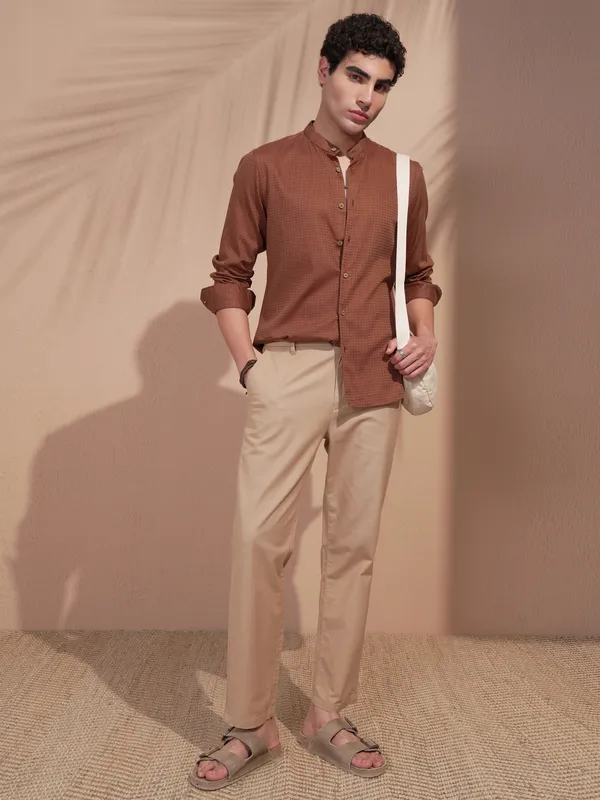 Highlander Men Rust Self Design Slim Fit Casual Shirt