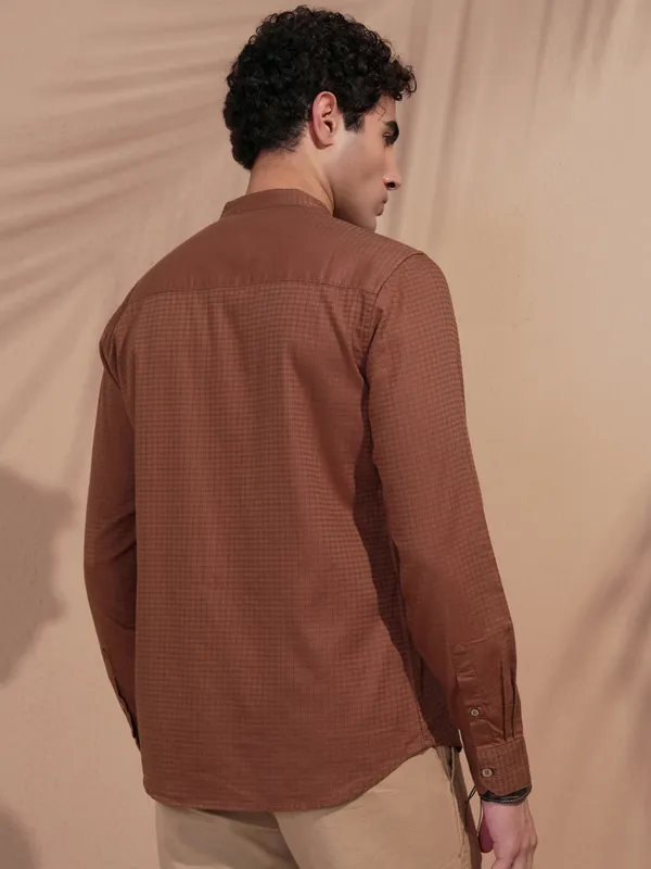 Highlander Men Rust Self Design Slim Fit Casual Shirt