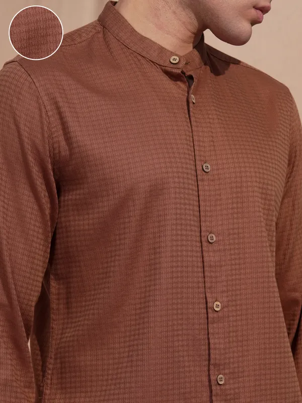 Highlander Men Rust Self Design Slim Fit Casual Shirt
