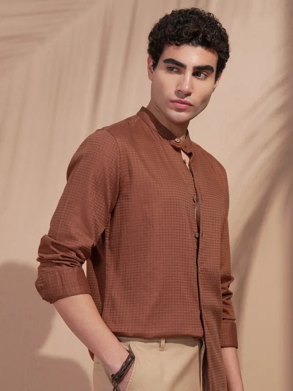 Highlander Men Rust Self Design Slim Fit Casual Shirt