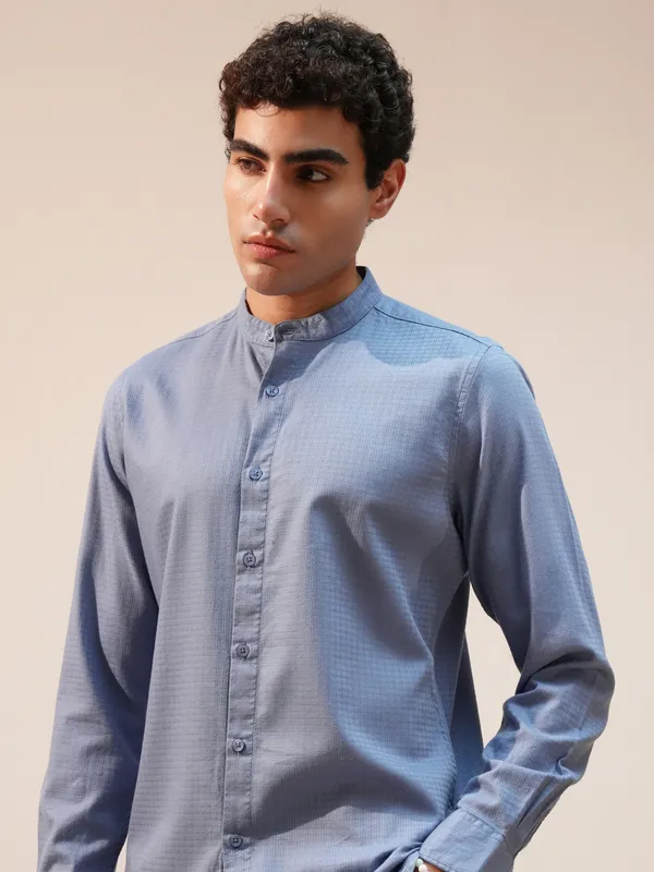 Highlander Men Blue Self Design Slim Fit Casual Shirt