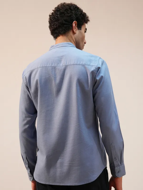 Highlander Men Blue Self Design Slim Fit Casual Shirt