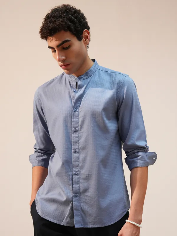 Highlander Men Blue Self Design Slim Fit Casual Shirt