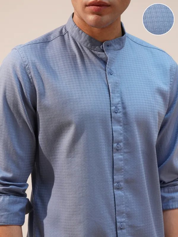 Highlander Men Blue Self Design Slim Fit Casual Shirt