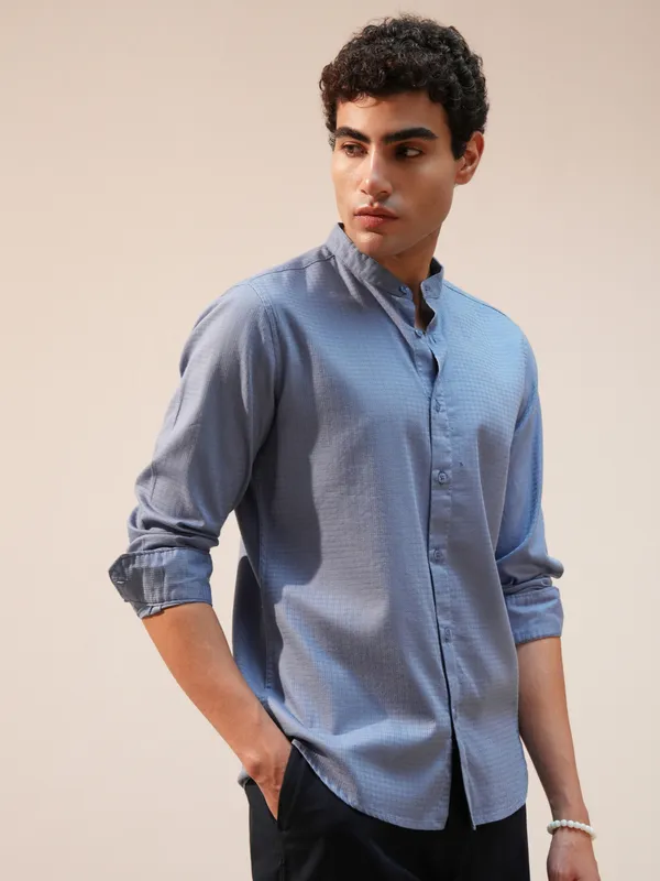 Highlander Men Blue Self Design Slim Fit Casual Shirt