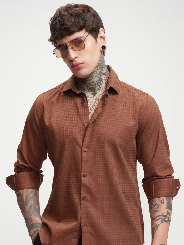 Highlander Men Rust Self Design Slim Fit Casual Shirt
