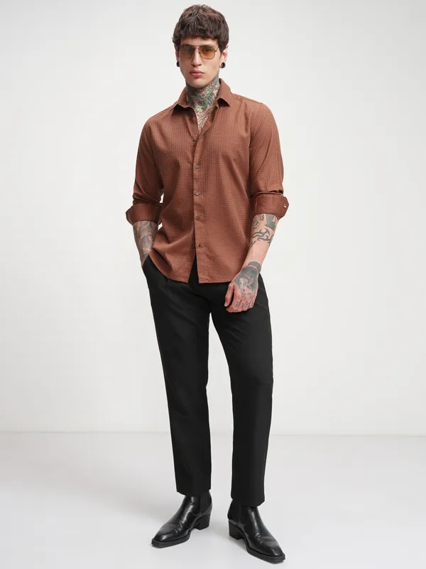 Highlander Men Rust Self Design Slim Fit Casual Shirt