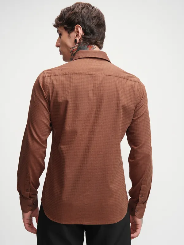 Highlander Men Rust Self Design Slim Fit Casual Shirt