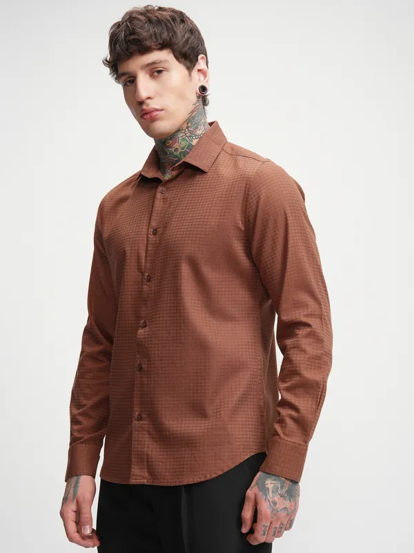 Highlander Men Rust Self Design Slim Fit Casual Shirt