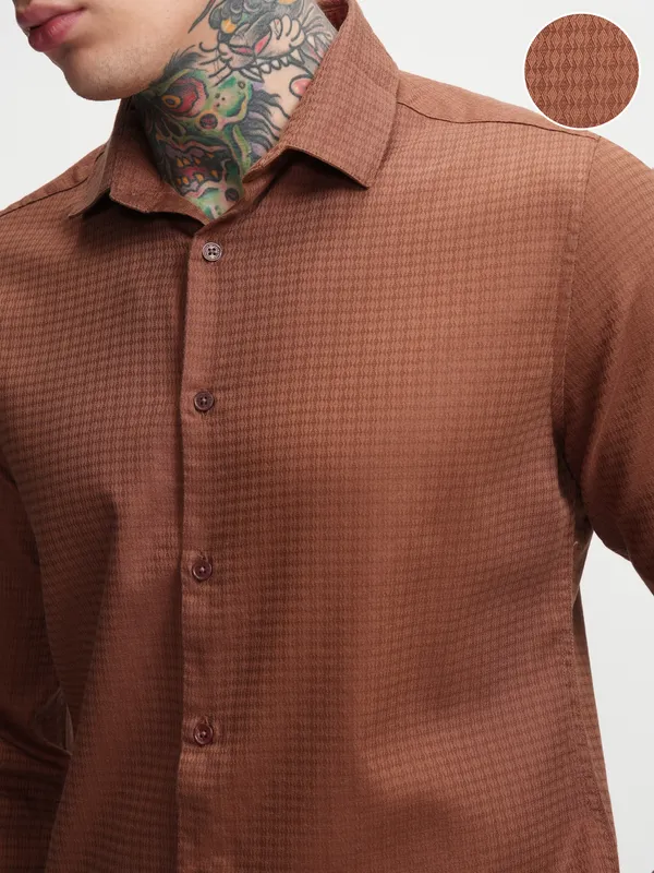 Highlander Men Rust Self Design Slim Fit Casual Shirt