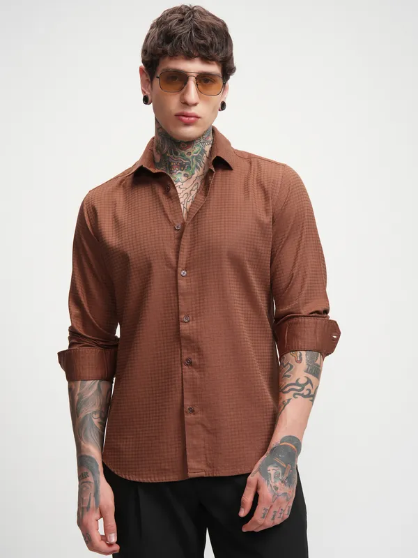 Highlander Men Rust Self Design Slim Fit Casual Shirt