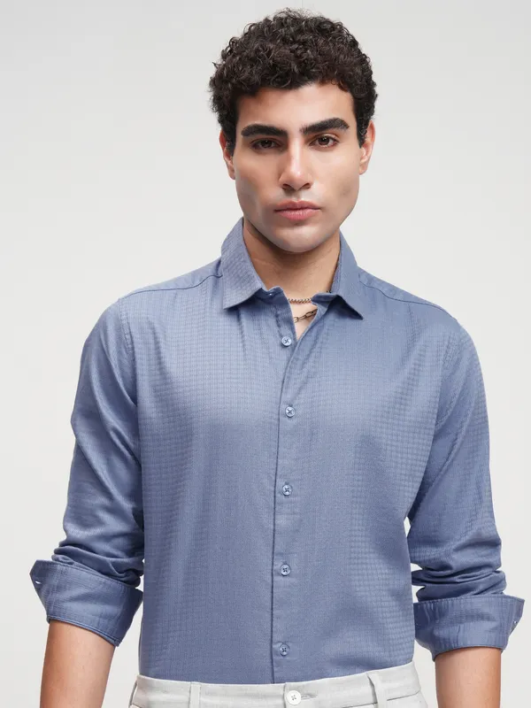 Highlander Men Blue Self Design Slim Fit Casual Shirt