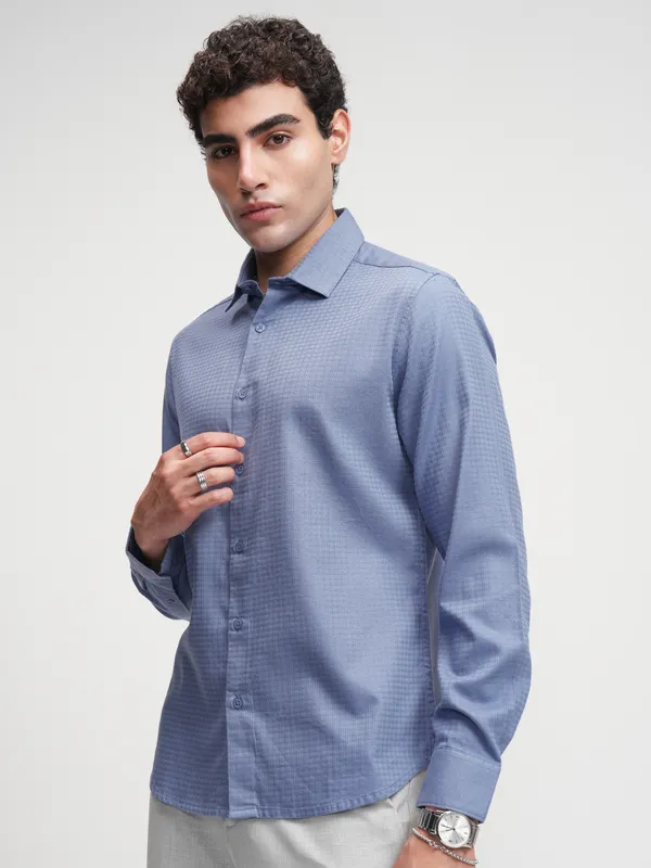 Highlander Men Blue Self Design Slim Fit Casual Shirt