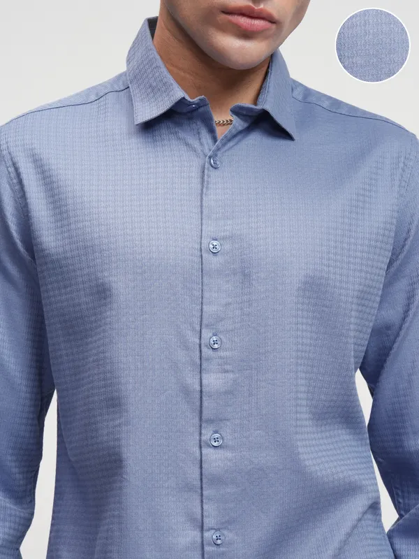 Highlander Men Blue Self Design Slim Fit Casual Shirt