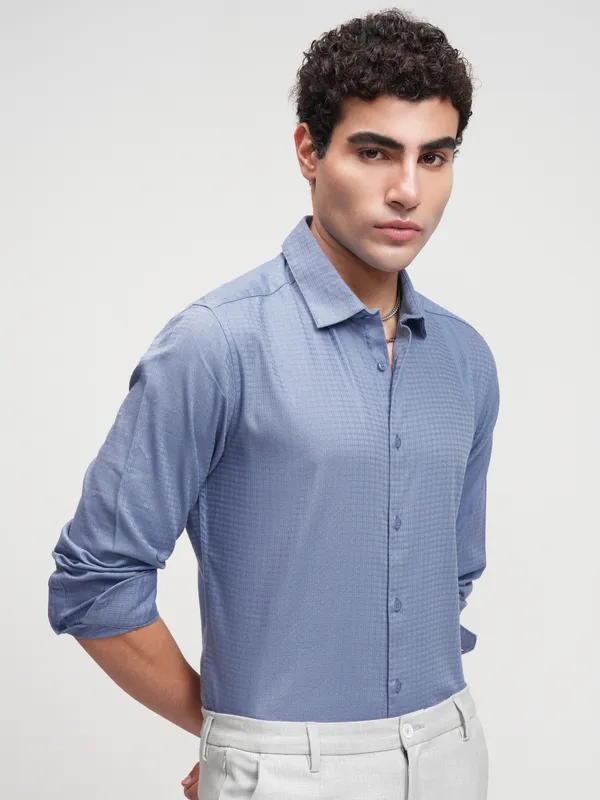 Highlander Men Blue Self Design Slim Fit Casual Shirt