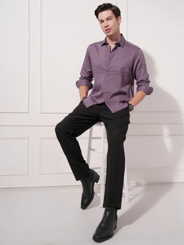Highlander Men Purple Self Design Slim Fit Casual Shirt