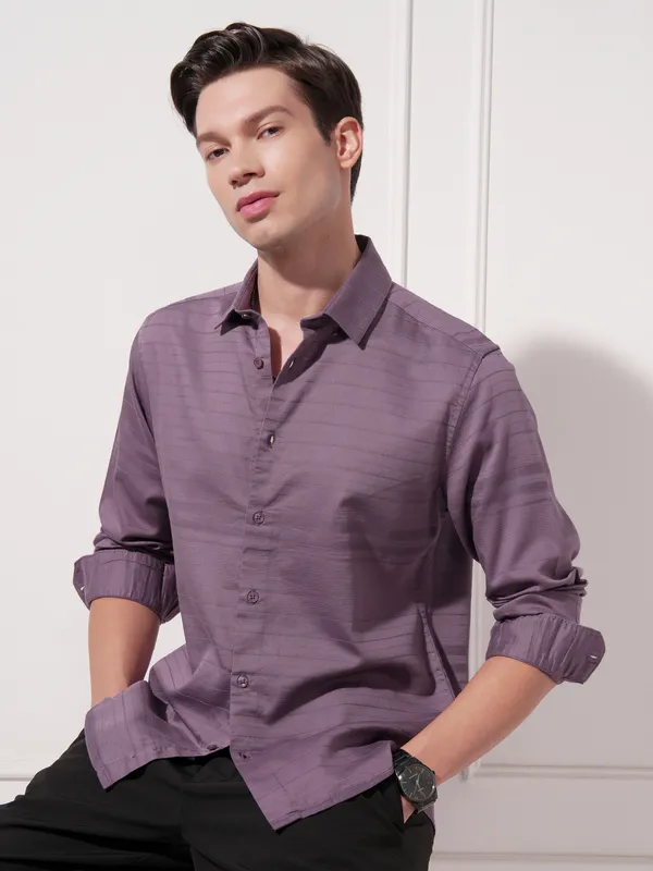 Highlander Men Purple Self Design Slim Fit Casual Shirt