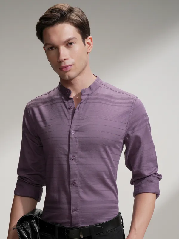 Highlander Men Purple Striped Slim Fit Casual Shirt