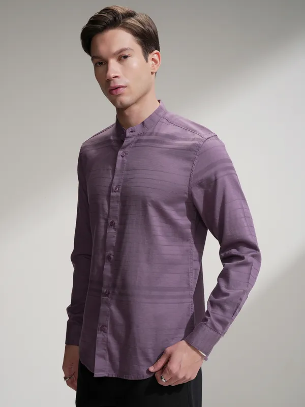 Highlander Men Purple Striped Slim Fit Casual Shirt