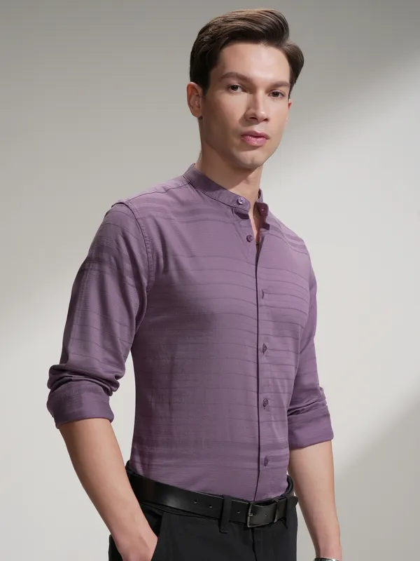 Highlander Men Purple Striped Slim Fit Casual Shirt