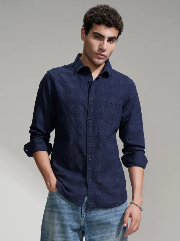 Highlander Men Navy Blue Self Design Slim Fit Casual Shirt
