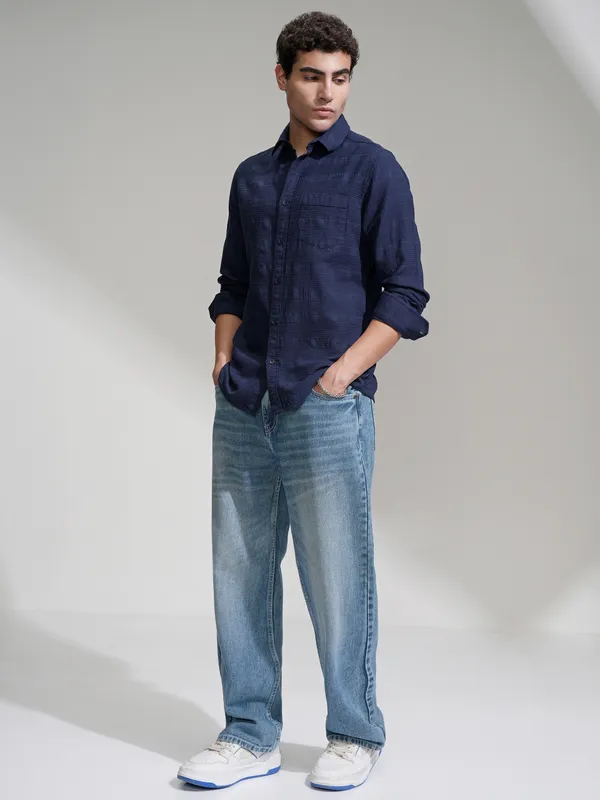 Highlander Men Navy Blue Self Design Slim Fit Casual Shirt